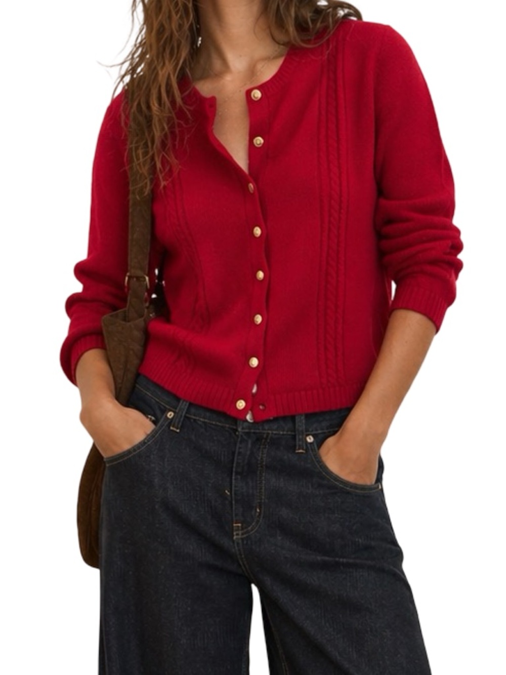 Vintage Wool Red Cable knit Button-Front Knit Cardigan Sweater With Gold Buttons